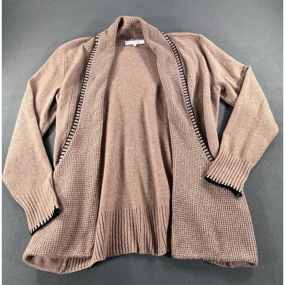 Verve Ami Womens Camel Black Shawl Collar Open Front Waffle Knit Cardigan L